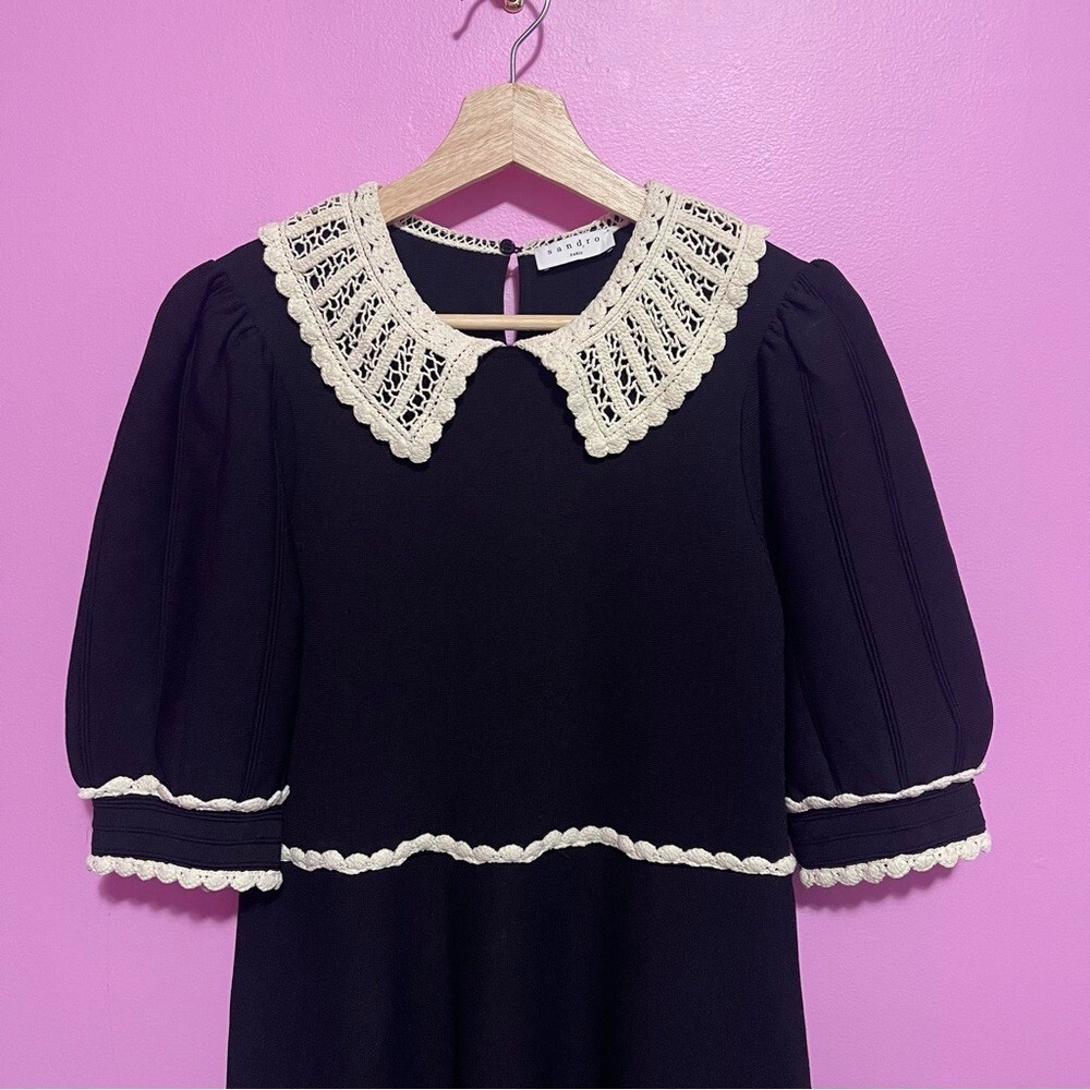 Sandro Dress Women's Size 40 FR Black Knit Collar Crochet Lace A-Line Skirt - Picture 4 of 14